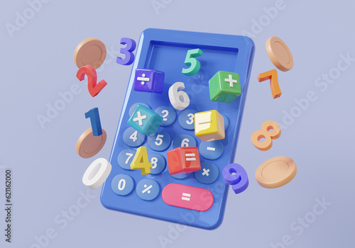 Calculator with coins money basic math operation symbols math, plus, minus, multiplication, number divide, mathematic learning calculation finance education concept. calculate tax payment. 3d render