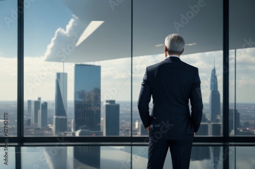Businessman standing against room with large window looking on city.generative AI