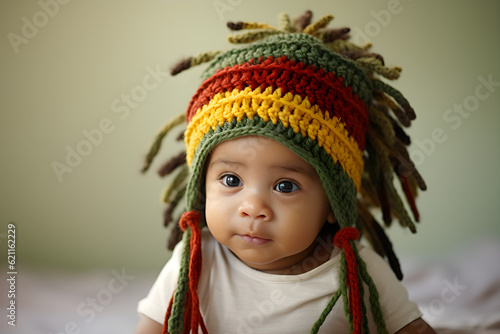 portrait of a baby wearing a rasta hat