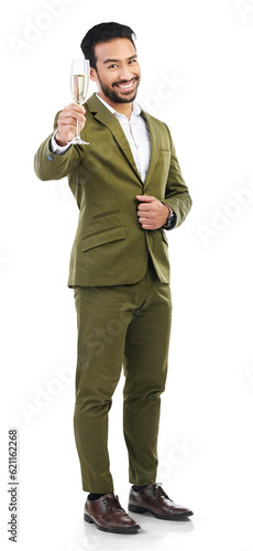 Photography Toast, business man and champagne with portrait of man for celebration, party and holiday