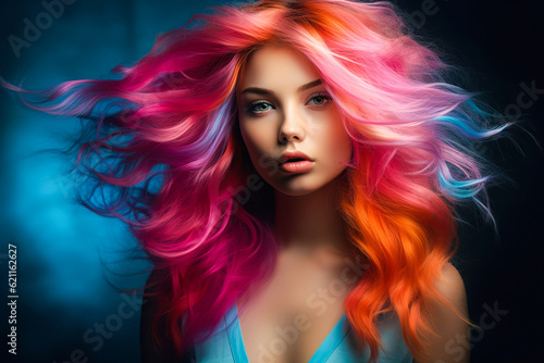 Beautiful girl with pink hair at the hairdresser. Generative AI