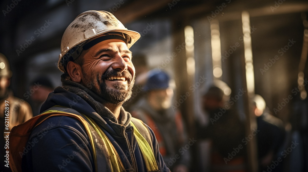 Illustration of Portrait of a worker in a metallurgical plant smiling at the camera. AI generated Illustration Illustration of Portrait of a worker in a metallurgical plant smiling at the camera. AI generated Illustration
