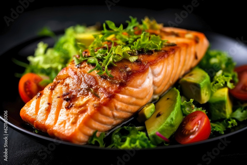 Salmon steak with avocado, tomatoes and lettuce. Healthy food concept. Generative AI.