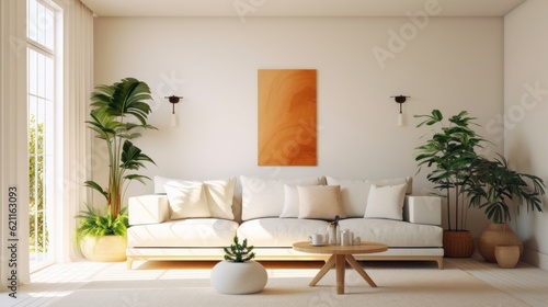 home interior showflat room mock up beautiful contemporary sofa with decorative poster on the wall background daylight house beautiful concept,ai generate © VERTEX SPACE
