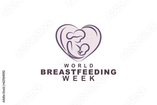 world breastfeeding week design in line art mother and her baby around love sign vector concept