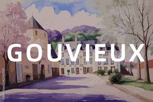 Beautiful watercolor painting of a French scene with the name Gouvieux in Hauts-de-France