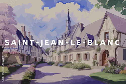 Beautiful watercolor painting of a French scene with the name Saint-Jean-le-Blanc in Centre-Val de Loire
