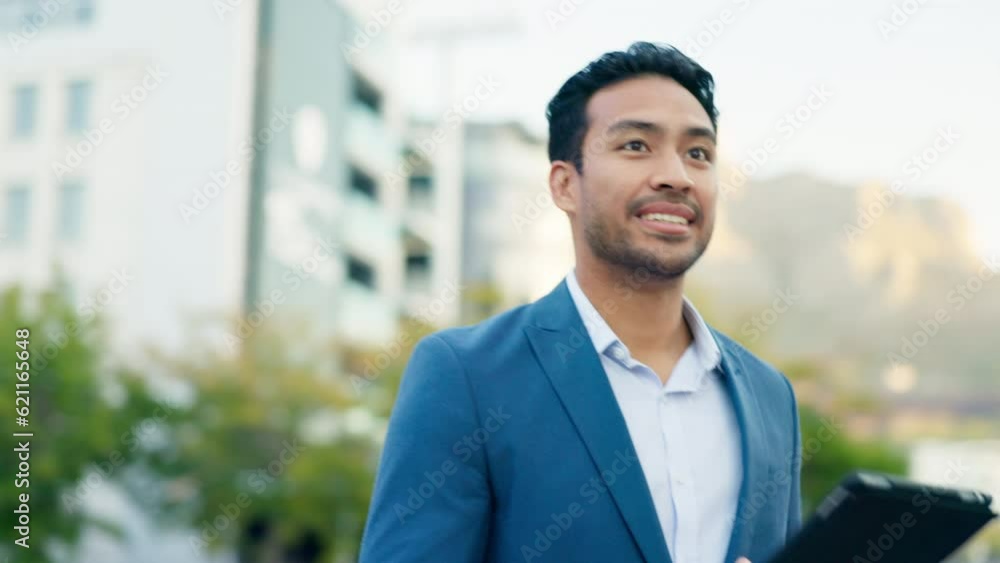 Vision, walking and an Asian man with a tablet in the city for social media or communication. Ideas, smile and a businessman with technology during travel in the morning for an email or networking Vision, walking and an Asian man with a tablet in the city for social media or communication. Ideas, smile and a businessman with technology during travel in the morning for an email or networking