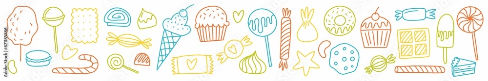 Horizontal collection of candies and various sweets, hand-drawn in the style of doodles Horizontal collection of candies and various sweets, hand-drawn in the style of doodles