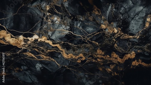Horizontally Flowing Marble Swirl Textured Background with Black Grey and Gold Colors 