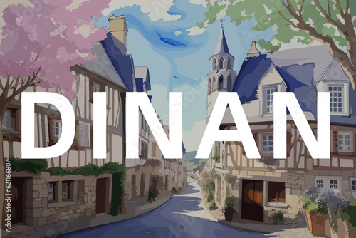 Beautiful watercolor painting of a French scene with the name Dinan in Bretagne
