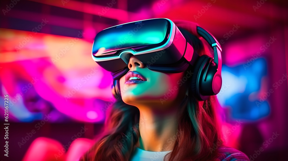 Young woman is using virtual reality headset. A person playing in VR games using VR glasses with trendy look and bright colors. Young woman is using virtual reality headset. A person playing in VR games using VR glasses with trendy look and bright colors.