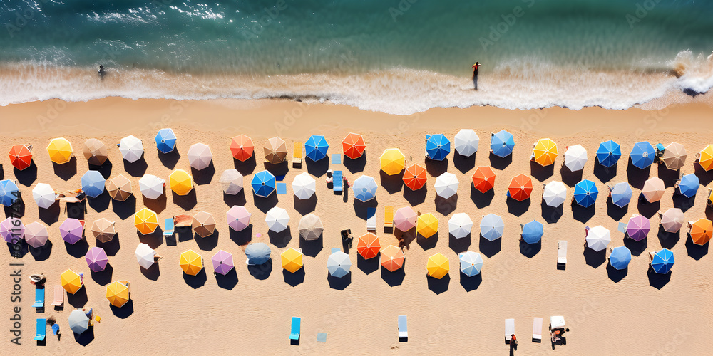 colourful beach umbrellas on the sea shore aerial view