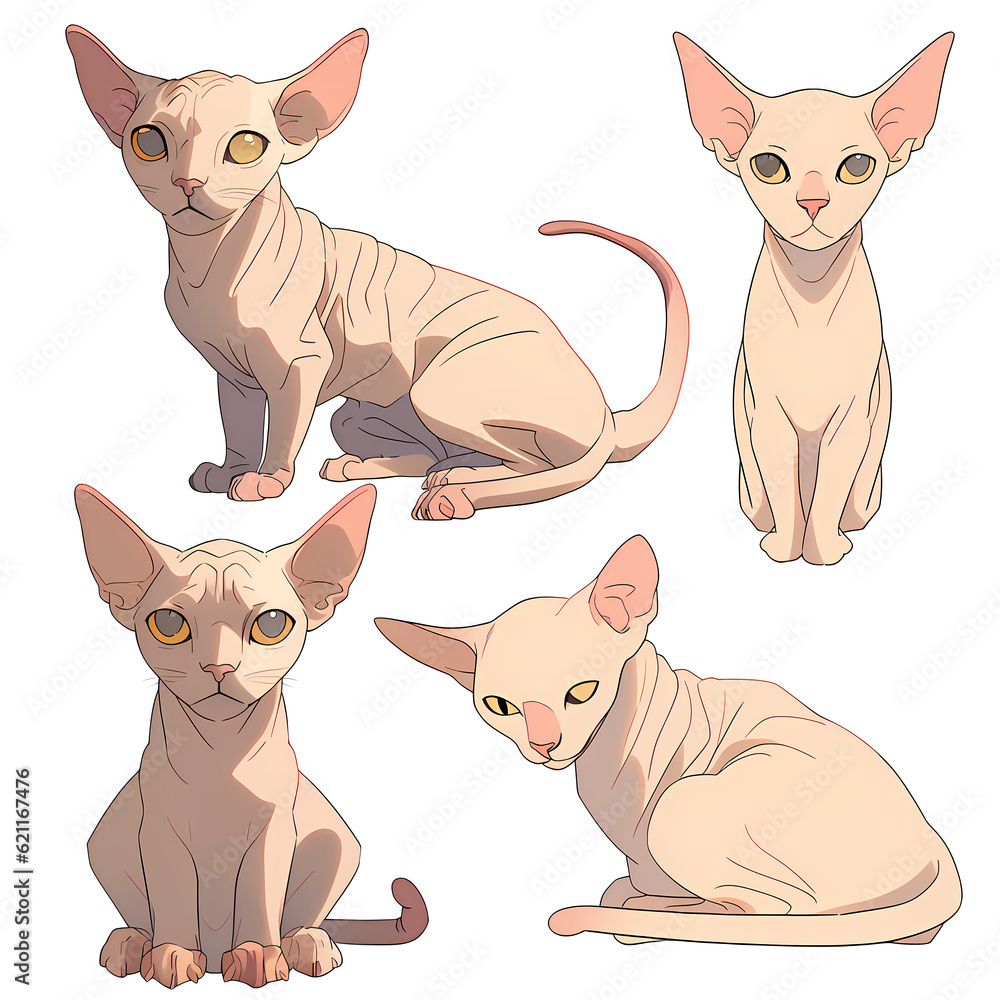Clip art, character design sheet, Set of A Sphynx cat isolated