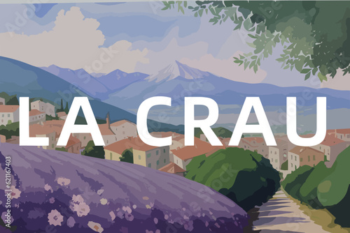Beautiful watercolor painting of a French scene with the name La Crau in Provence-Alpes-Côte d’Azur