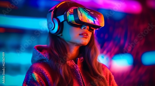 Young woman is using virtual reality headset. A person playing in VR games using VR glasses with trendy look and bright colors.