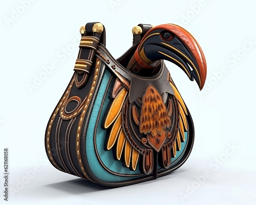 a women's leather purse shaped like a hornbill shown against a white backdrop. photo