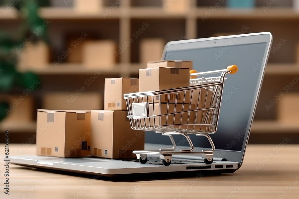 Product package boxes in cart with a shopping bag and laptop computer, for online shopping and delivery concept. online shopping and e-commerce concept