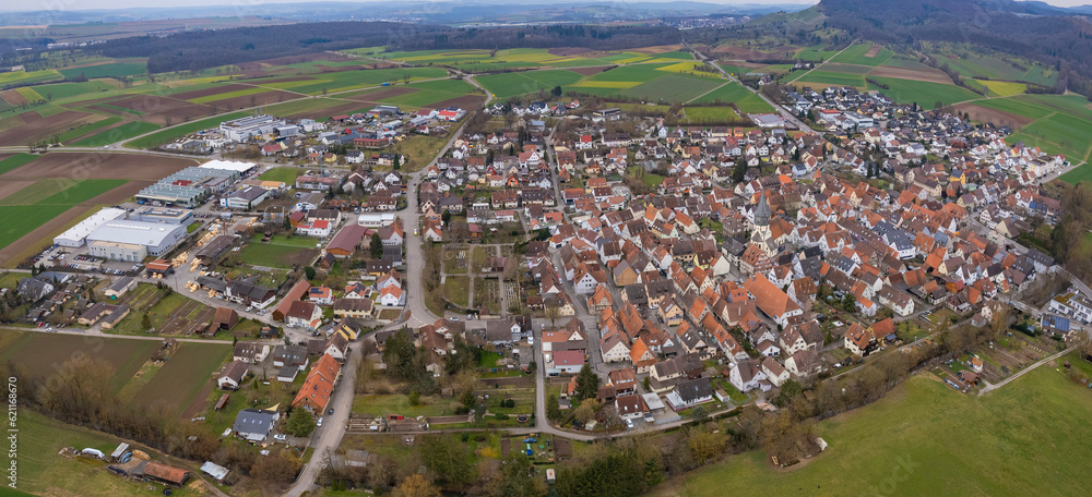 Aerial view around the old village Horrheim on an early spring day	