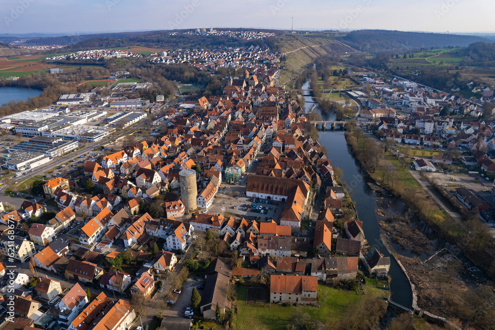 Aerial view around the old town of Besigheim on an early spring day	
