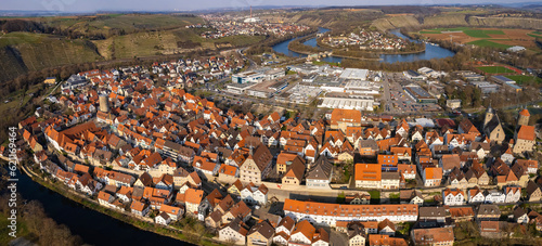 Aerial view of the city Besigheim on a sunny day in early spring.	 photo
