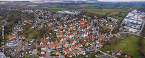 Aerial view of the village Frauenzimmern on a sunny day in early spring. 