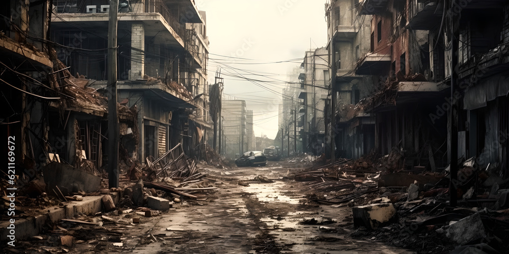 Ruined city buildings after war. City buildings damaged by war. street of a city destroyed by war