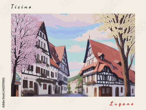 Lugano: Post card design with town in Switzerland and the city name Lugano
