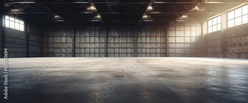 A huge large modern hanger or warehouse for storing cutting edge equipment. incoming light. Hand edited generative AI. photo