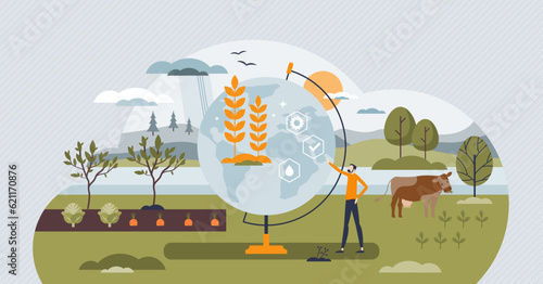 Food security and safety check for healthy grocery eating tiny person concept. Meat, grain and vegetable certification to avoid additives, bacteria and hazards vector illustration. Health standards.