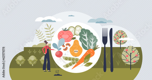 Veganism and plant based diets for vegetarian lifestyle tiny person concept. Avoid meat and eat vegetables, greens or veggies as organic and fresh vegan alternative to nutrition vector illustration.