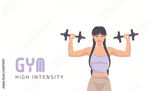 Fitness girl in gym, barbells dumbbells fitness, crossfit logo