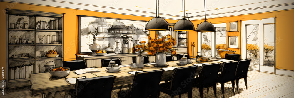 architectural sketch of long interior table in orange and black, drawing made with generative ai architectural sketch of long interior table in orange and black, drawing made with generative ai