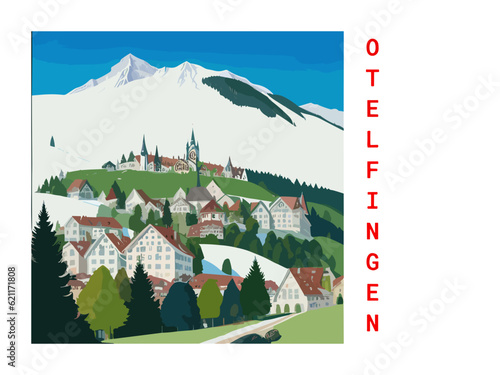 Otelfingen: Vintage artistic travel poster with a Swiss scenic panorama and the title Otelfingen