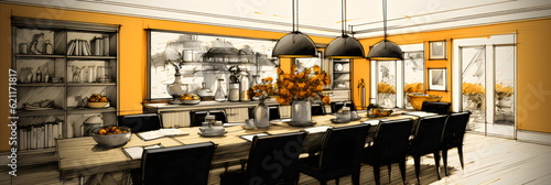 architectural sketch of long interior table in orange and black, drawing made with generative ai
