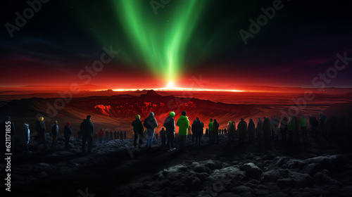 Summit of Spectacles: Einar Hákonarson's Flamboyant Vision of Aurora, Lava, and Crowded Mountain Peaks © luckynicky25
