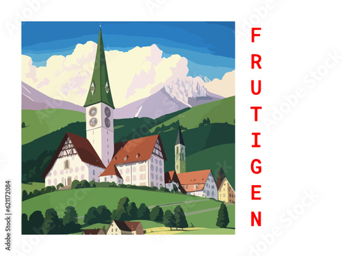 Frutigen: Vintage artistic travel poster with a Swiss scenic panorama and the title Frutigen photo