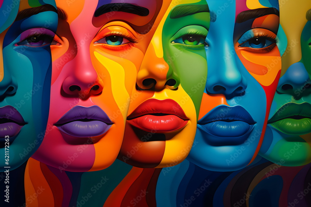 Obraz premium colorful painted diverse female faces, painting made with generative ai