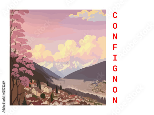 Confignon: Vintage artistic travel poster with a Swiss scenic panorama and the title Confignon photo