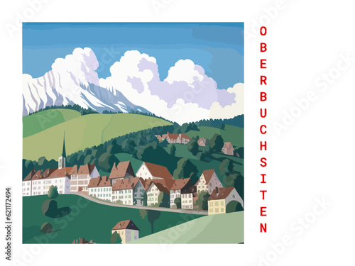 Oberbuchsiten: Vintage artistic travel poster with a Swiss scenic panorama and the title Oberbuchsiten