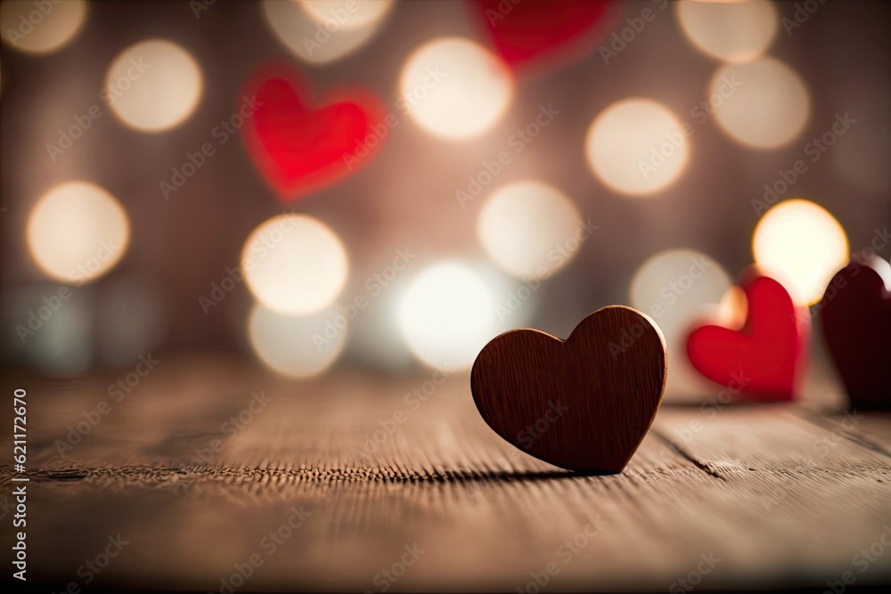 Obraz premium rustic wooden heart decoration on a wooden table. Generative AI