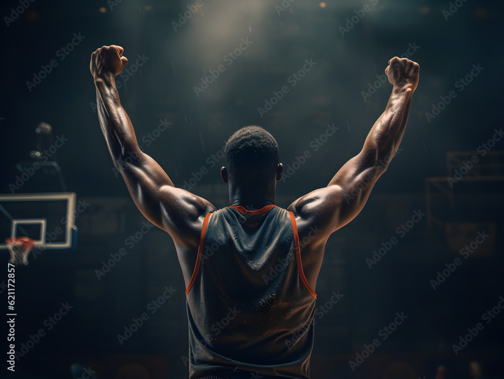 Basketball player celebrating in the stadium. Concept of winner, success, victory. AI generated