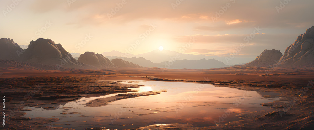 desert mountains sunrise landscape illustration with lake reflection
