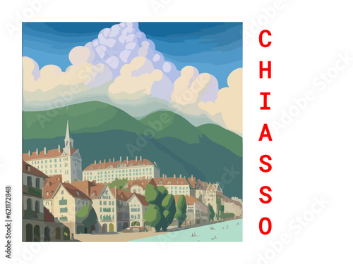 Chiasso: Vintage artistic travel poster with a Swiss scenic panorama and the title Chiasso