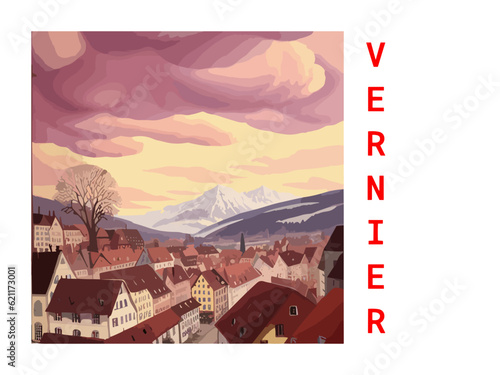 Vernier: Vintage artistic travel poster with a Swiss scenic panorama and the title Vernier photo