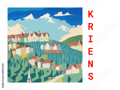 Kriens: Vintage artistic travel poster with a Swiss scenic panorama and the title Kriens photo