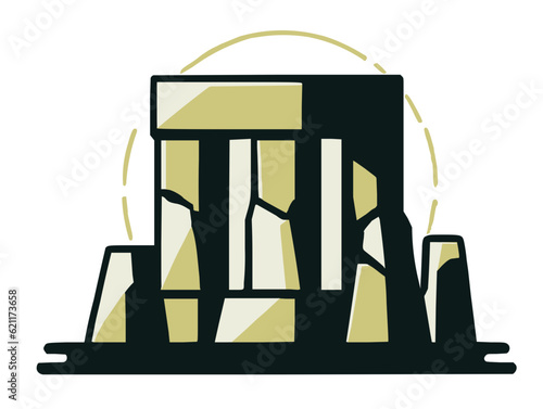 Prehistoric erected stones temple with sun disk in the background, bold vector illustration, stonehenge-like