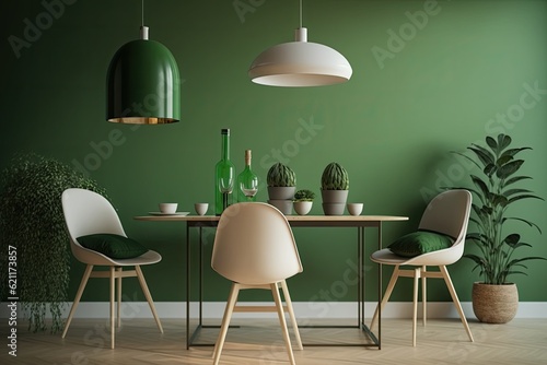 dining room with green walls and chairs. Generative AI