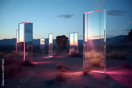 mirrors in the desert dark night sky reflection landscape neon light photo