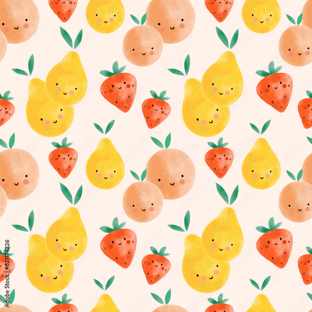 Watercolor fruit seamless pattern. Cute cartoon character with eyes and smiles, peach, pear and strawberry. Childish nursery and textile decor. T-shirt print, wrapping paper, wallpaper design vector